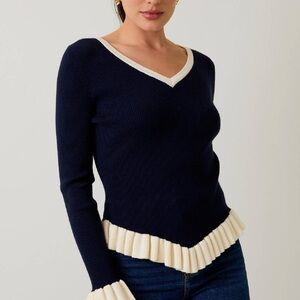 V-Neck Long Sleeve Navy and White Ribbed Top